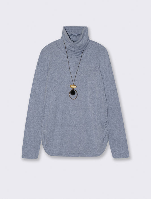 Tshirt manica lunga con collo alto in tessuto pesante con collana - Denim