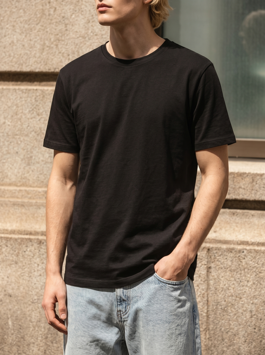 T-shirt girocollo in cotone mercerizzato - Nero