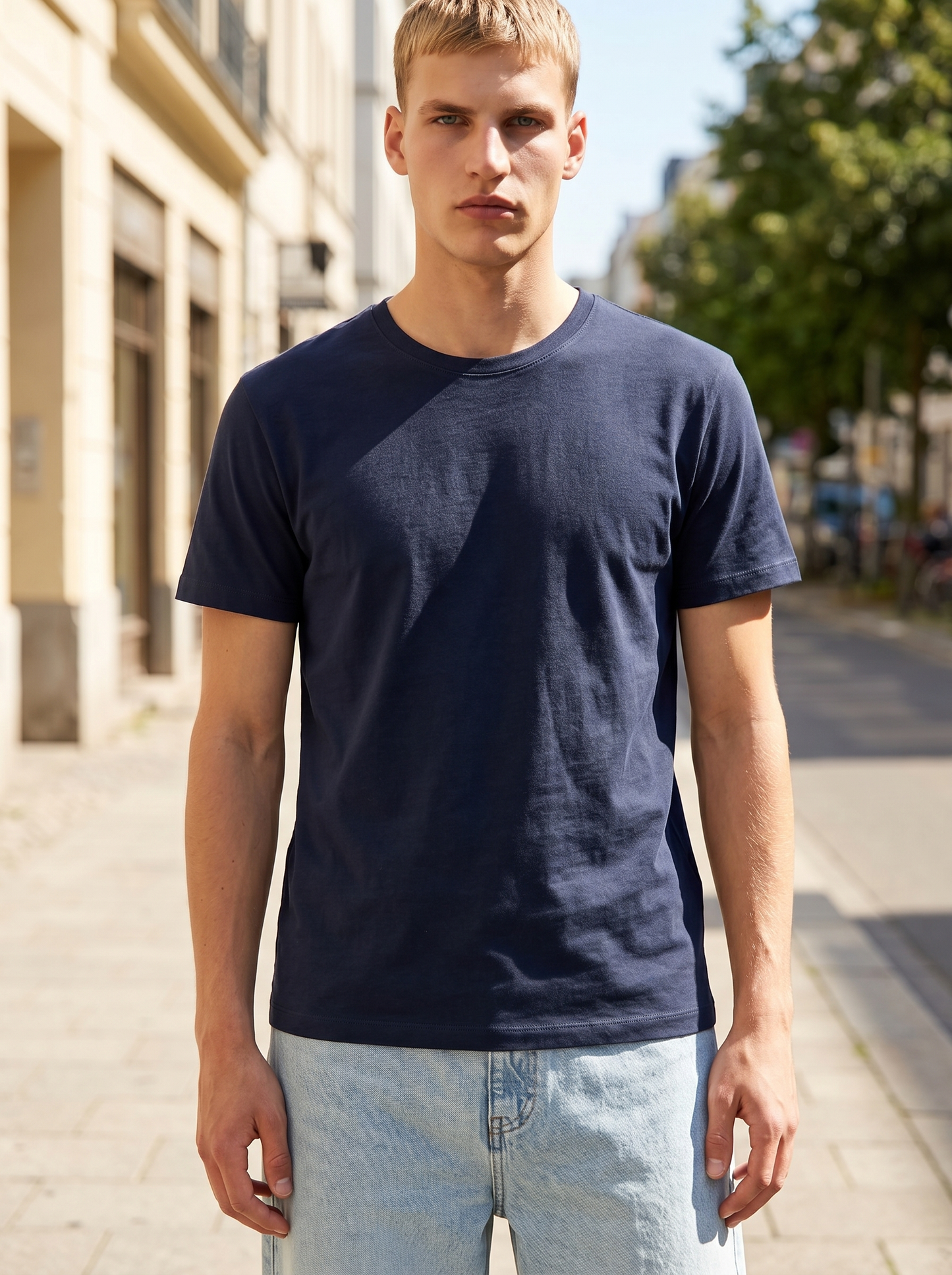 T-shirt girocollo in cotone mercerizzato - Blu