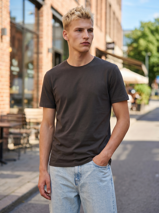T-shirt girocollo in cotone mercerizzato - Moro
