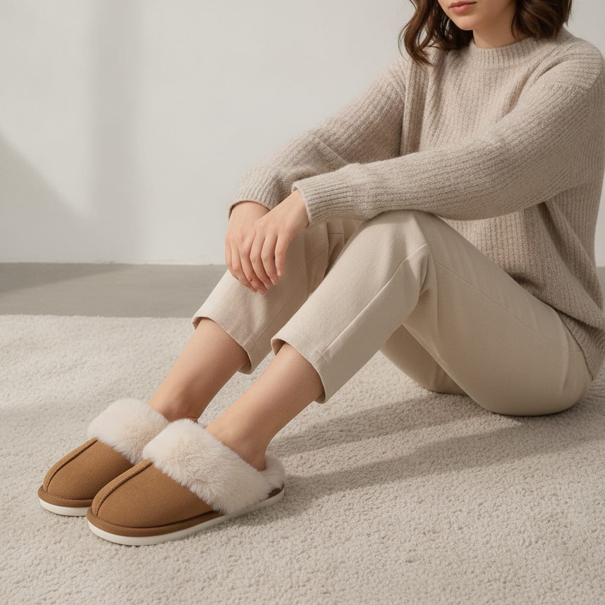 Warm Furry Fabric Slippers - BROWN