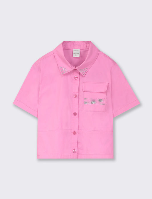 Cotton blend button-up shirt with rhinestone embellishments - Pink