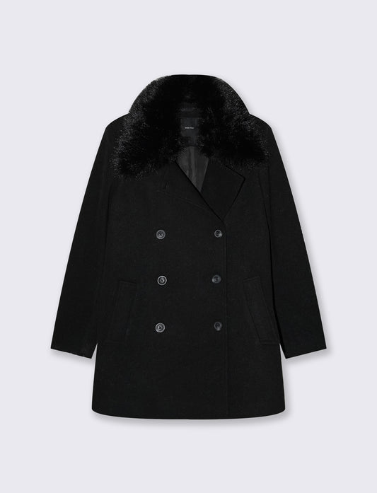 Cappotto corto doppio petto con pelliccia - Nero