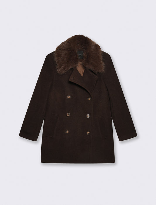 Cappotto corto doppio petto con pelliccia - Moro