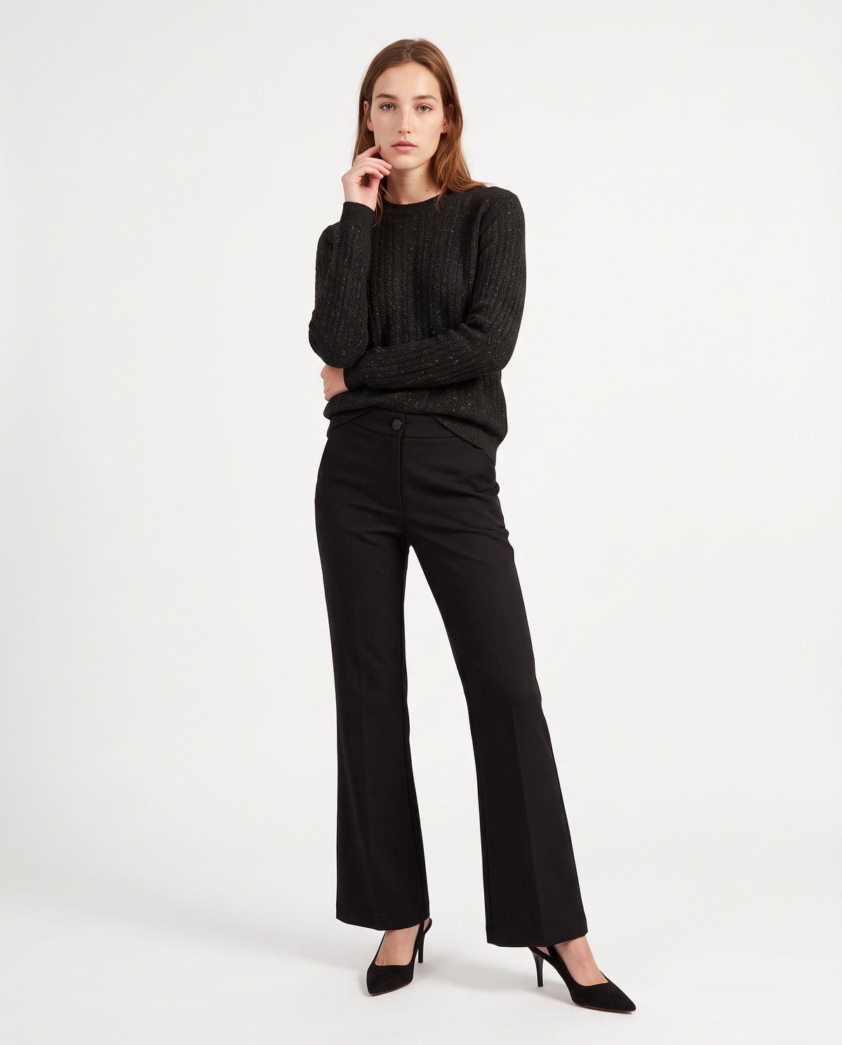 Pullover girocollo con trecce e lurex - Nero