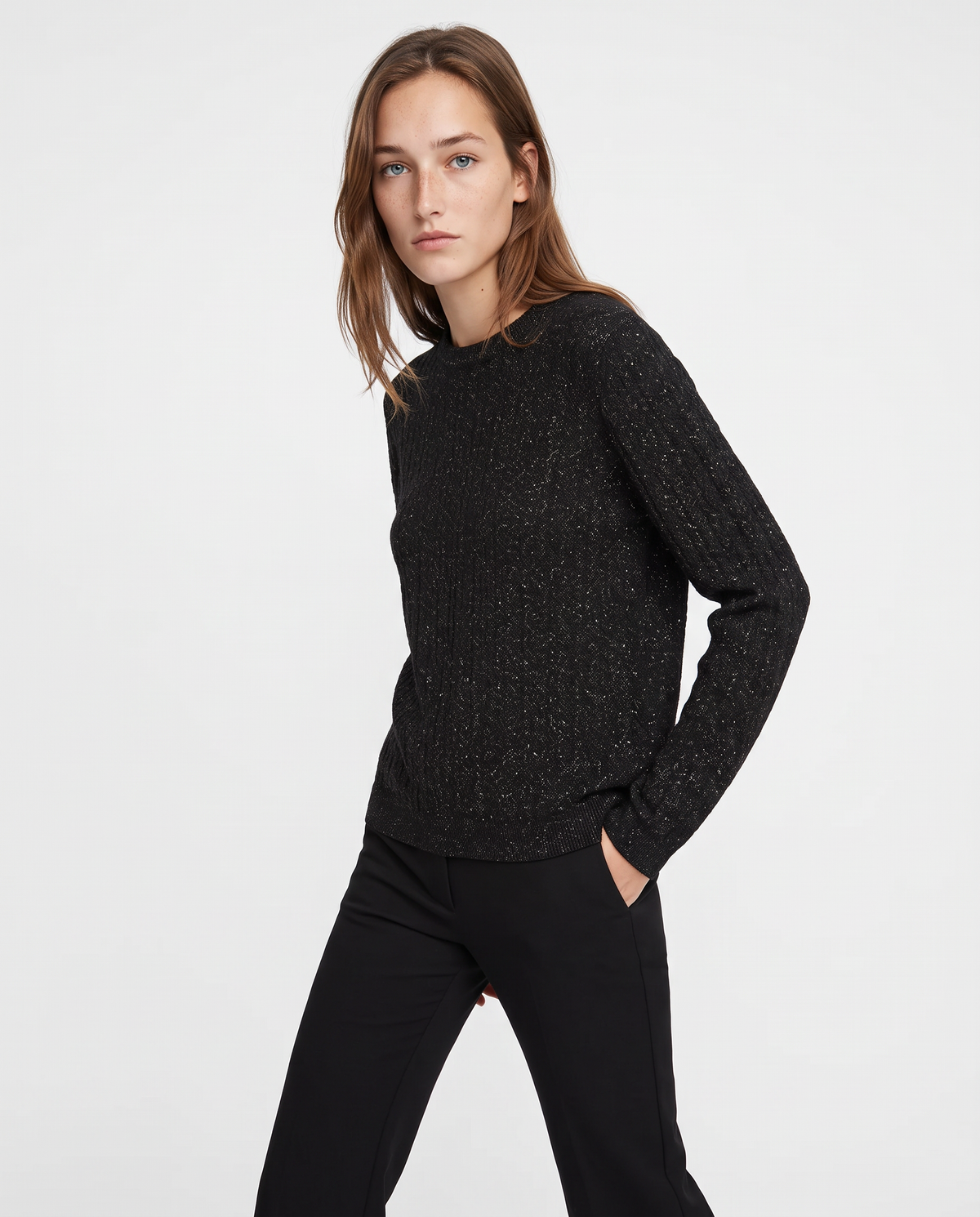 Pullover girocollo con trecce e lurex - Nero