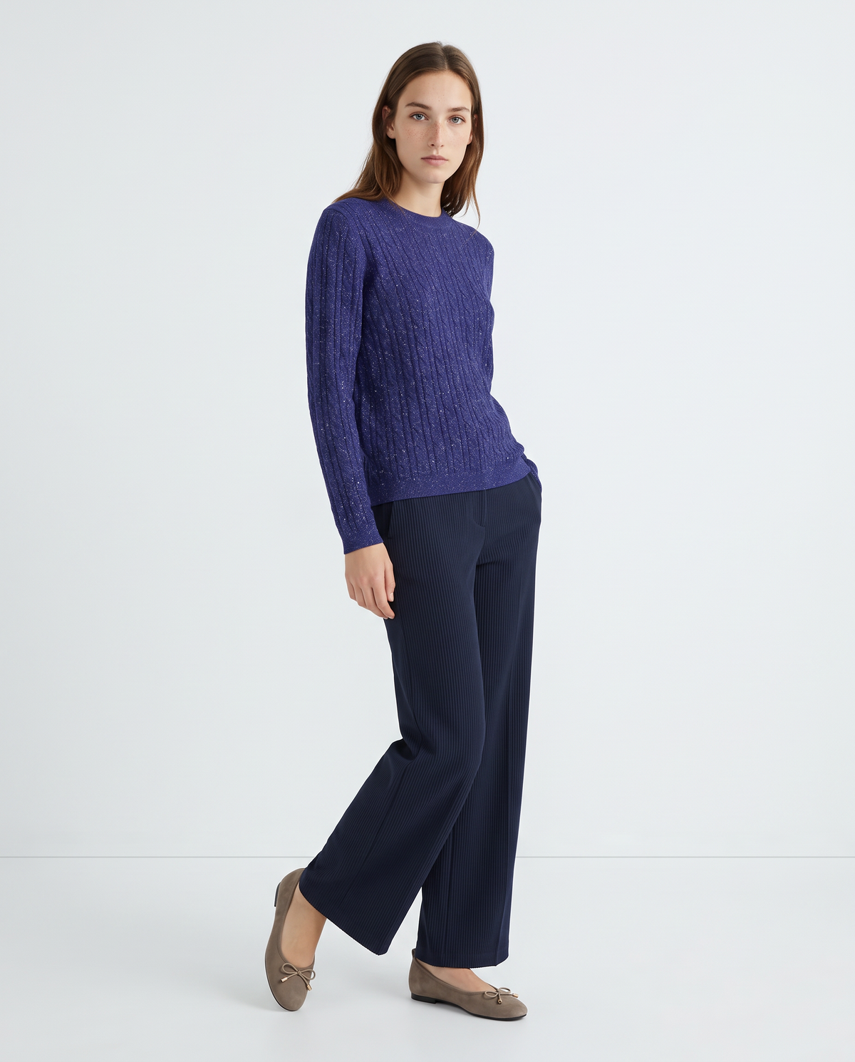 Pullover girocollo con trecce e lurex - Blu