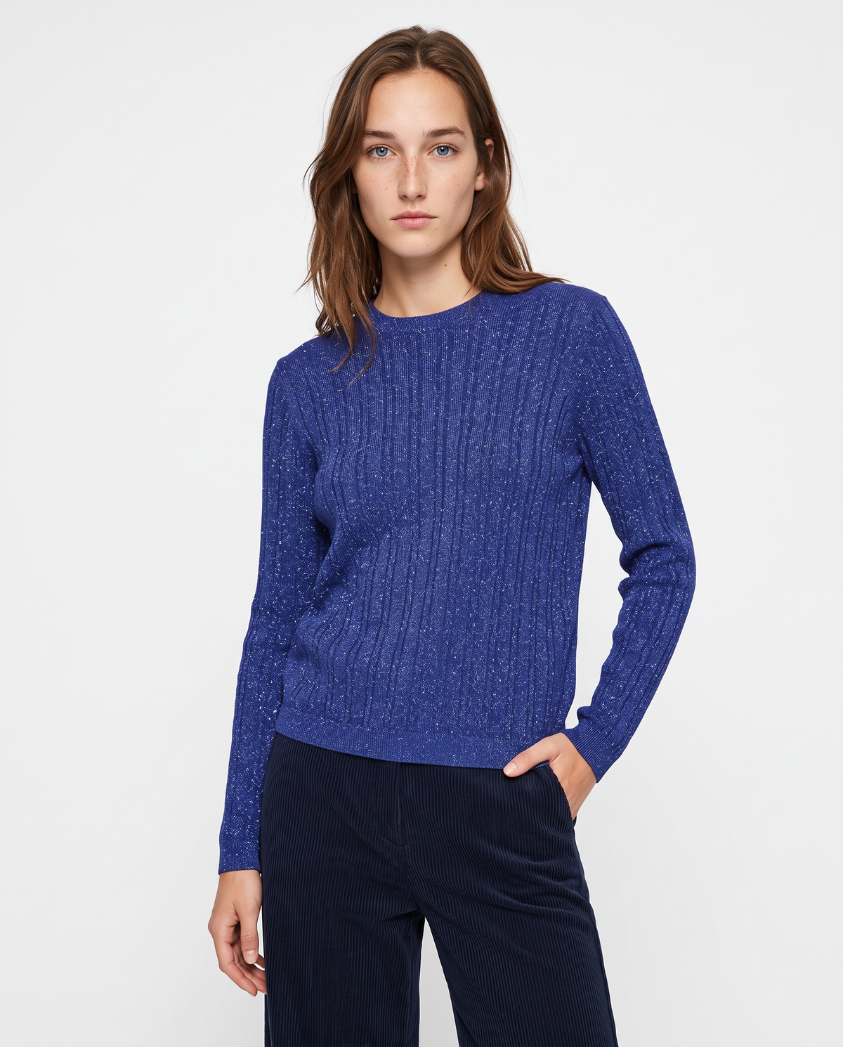 Pullover girocollo con trecce e lurex - Blu