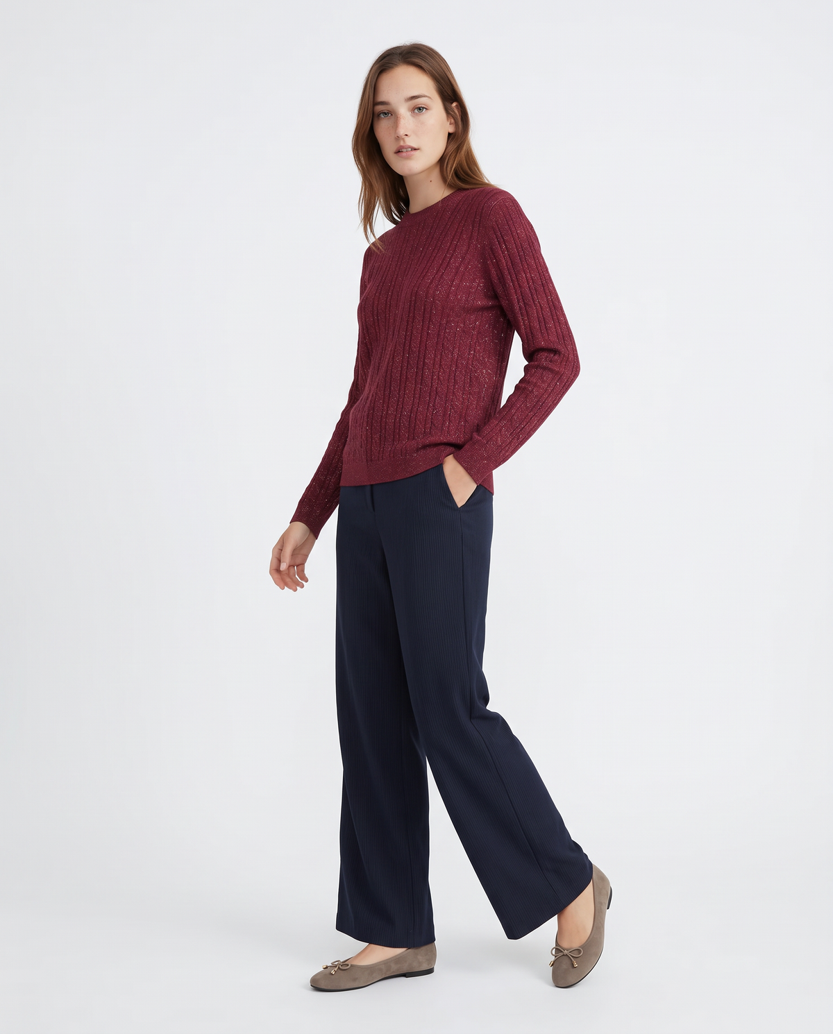 Pullover girocollo con trecce e lurex - Ruggine