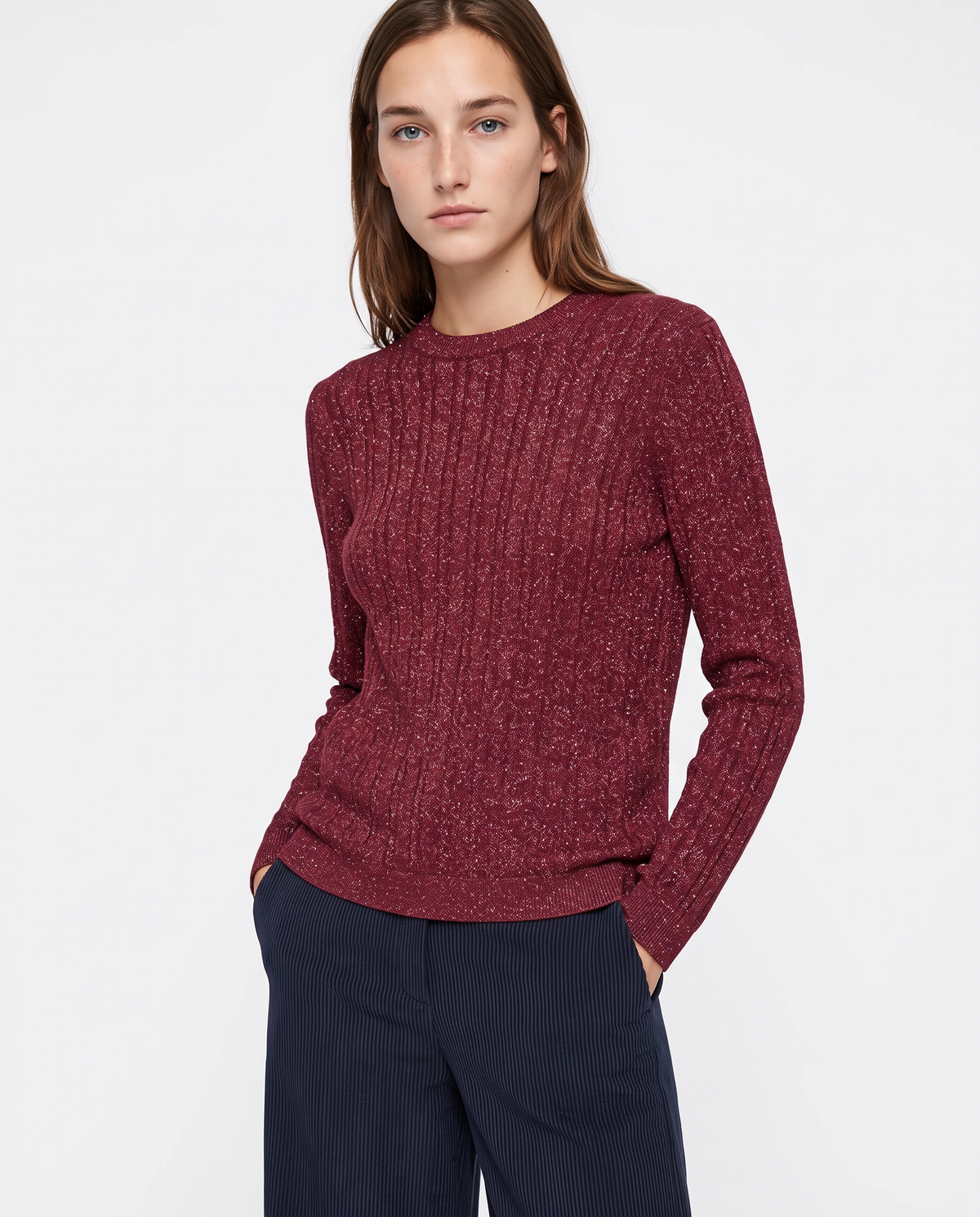Pullover girocollo con trecce e lurex - Ruggine