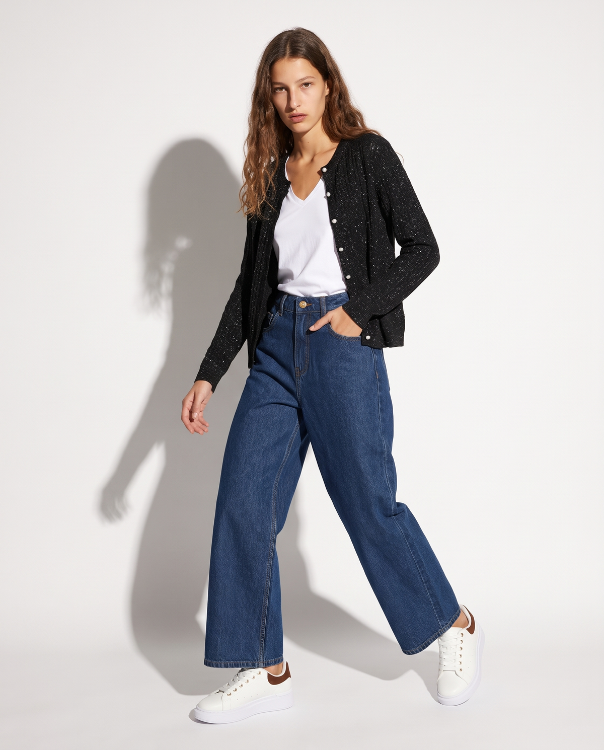 Cardigan basico girocollo a trecce con lurex - Nero