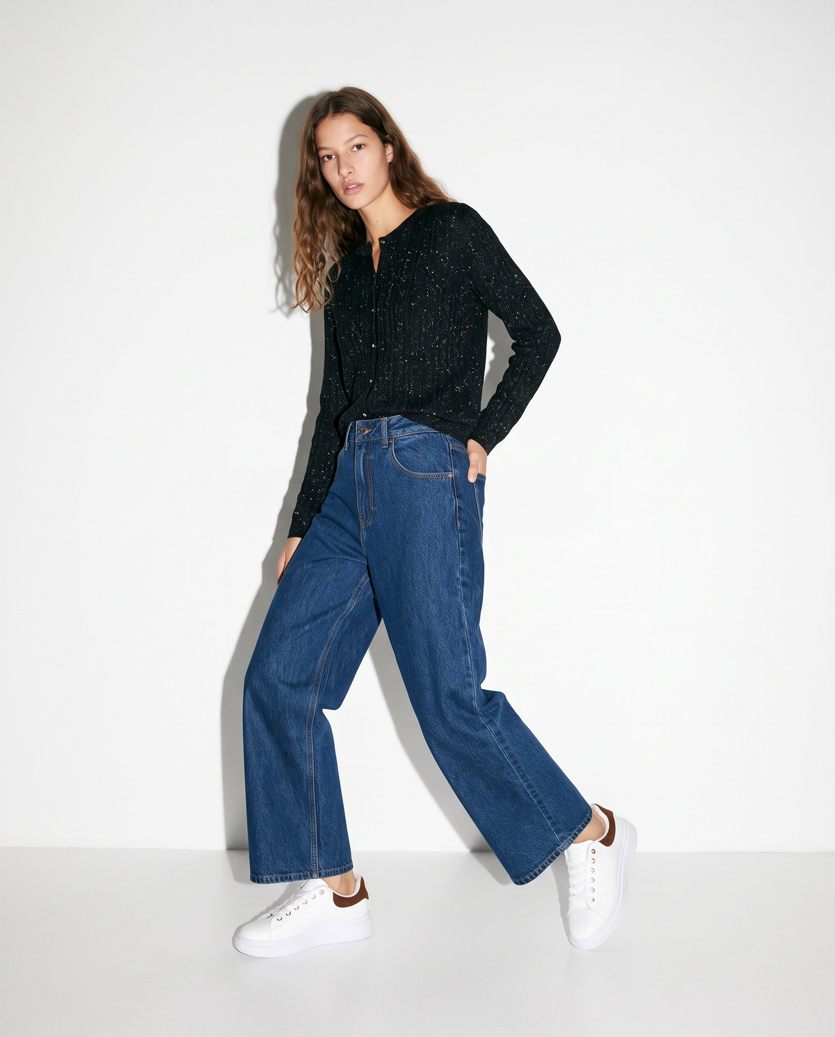 Cardigan basico girocollo a trecce con lurex - Nero