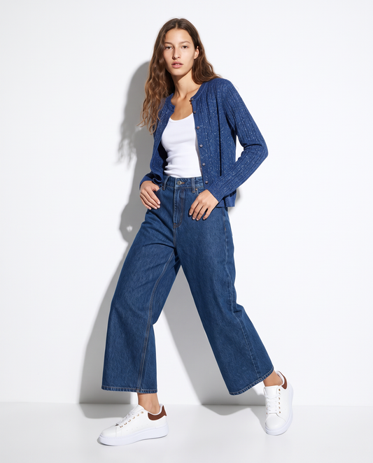 Basic crew neck cable knit cardigan with lurex - Blue