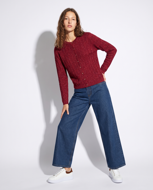 Basic crew neck cable knit cardigan with lurex - Orange
