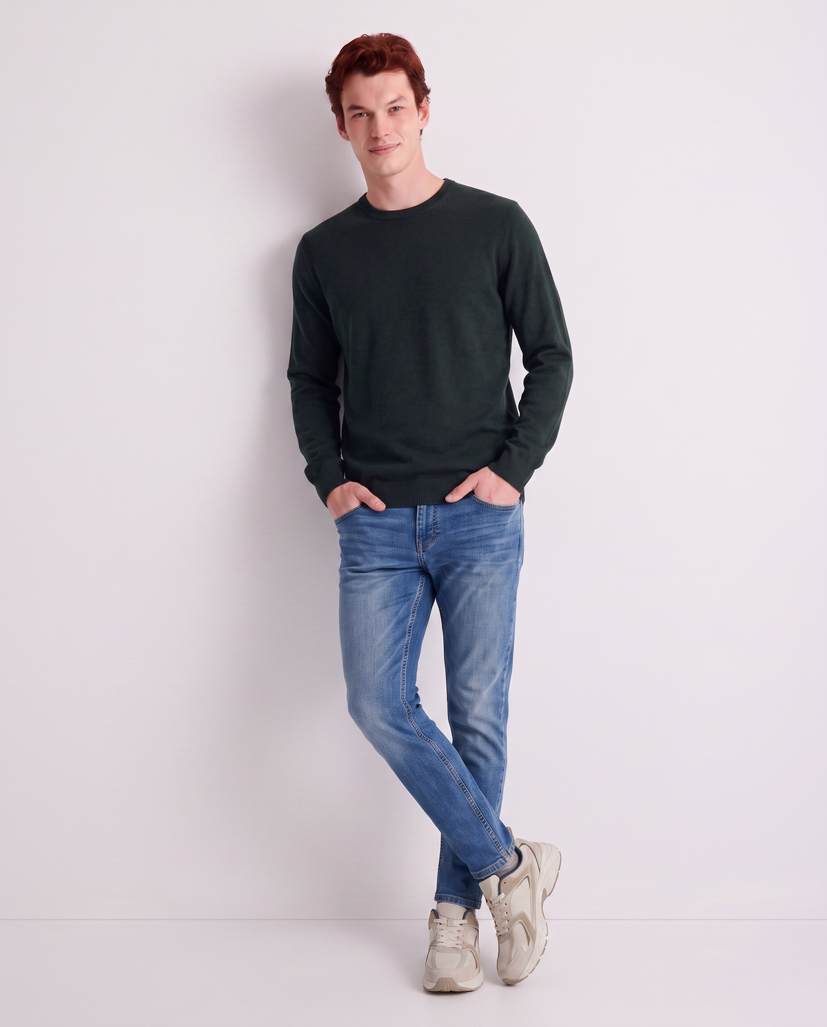 Maglia Girocollo Basic in Filato Comfort - Verde scuro