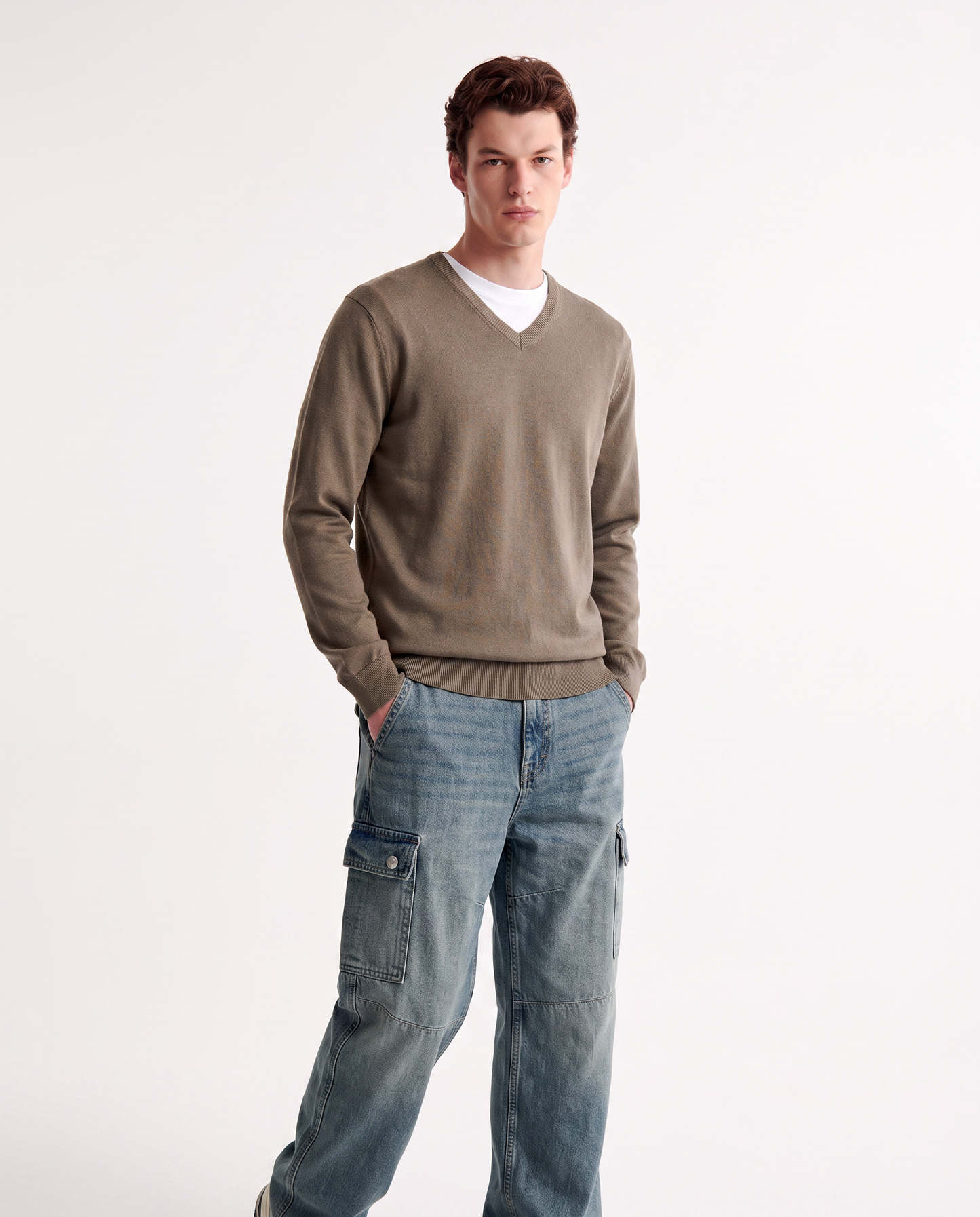 Maglia V Basic in Filato Comfort - Verde kaki