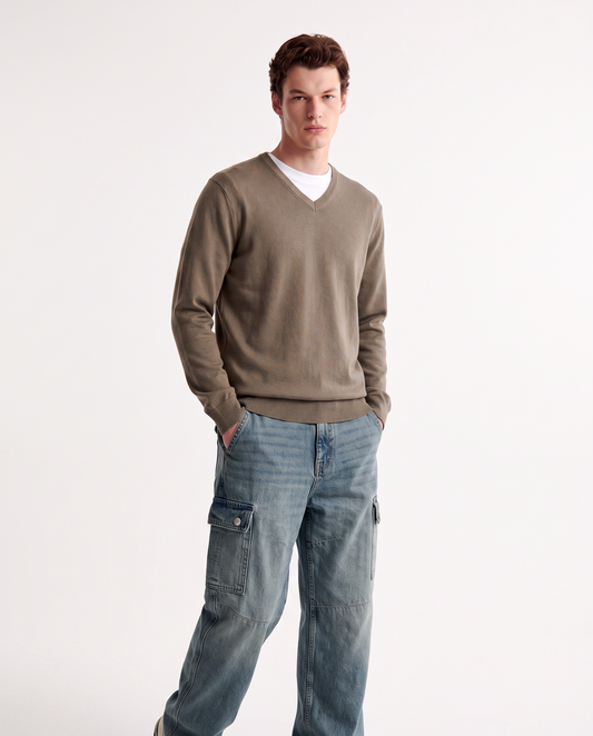 Maglia V Basic in Filato Comfort - Verde kaki