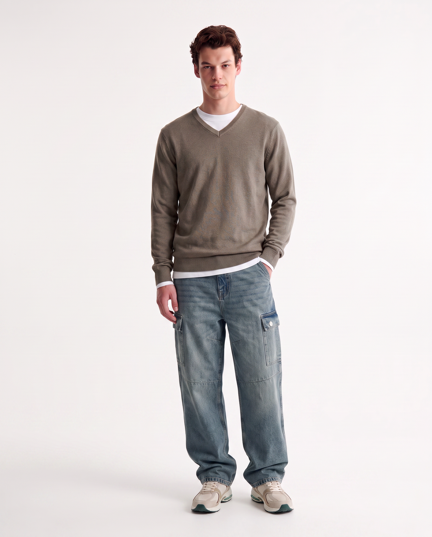 Maglia V Basic in Filato Comfort - Verde kaki