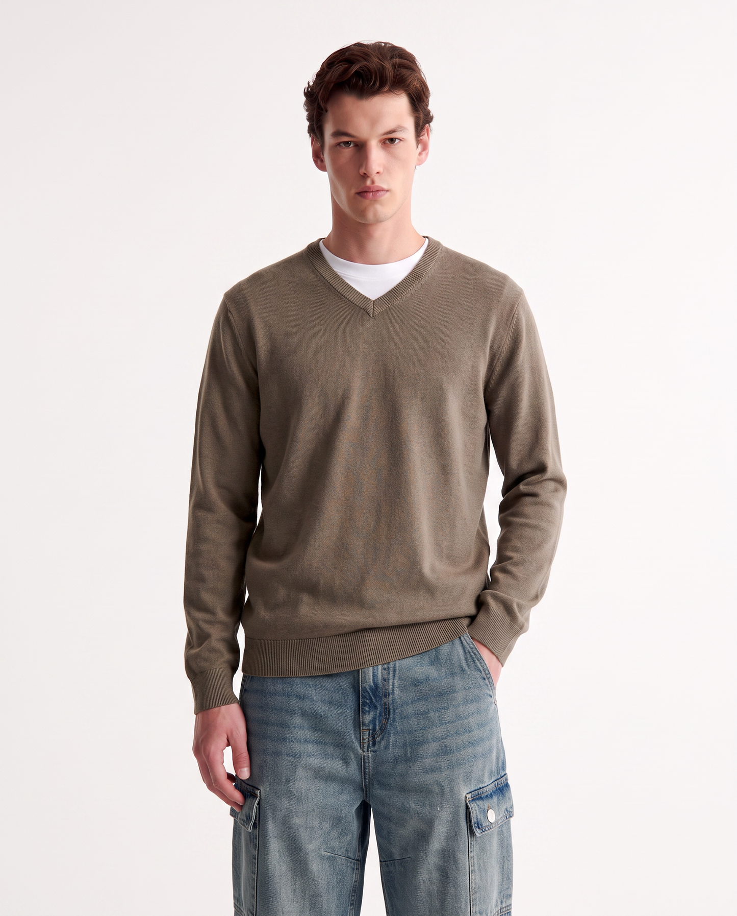 Maglia V Basic in Filato Comfort - Verde kaki