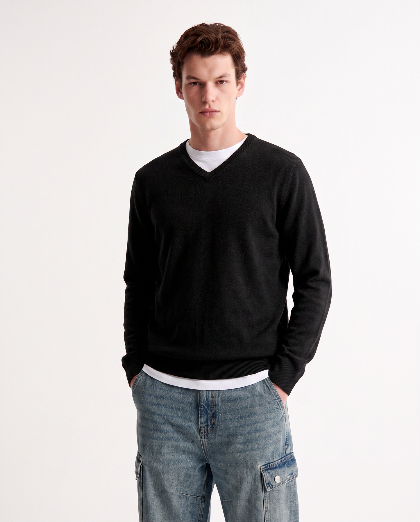 Maglia V Basic in Filato Comfort - Nero