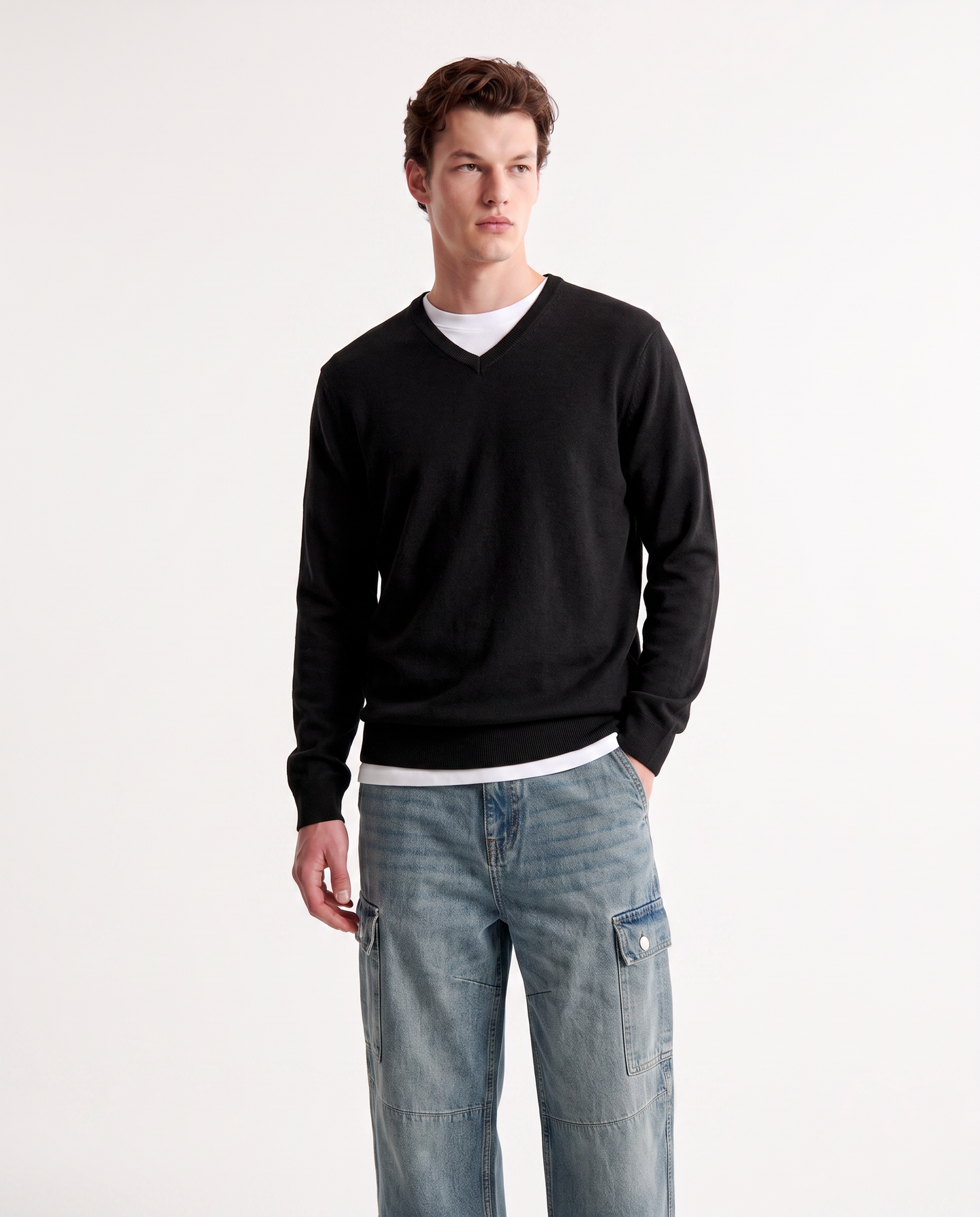 Maglia V Basic in Filato Comfort - Nero