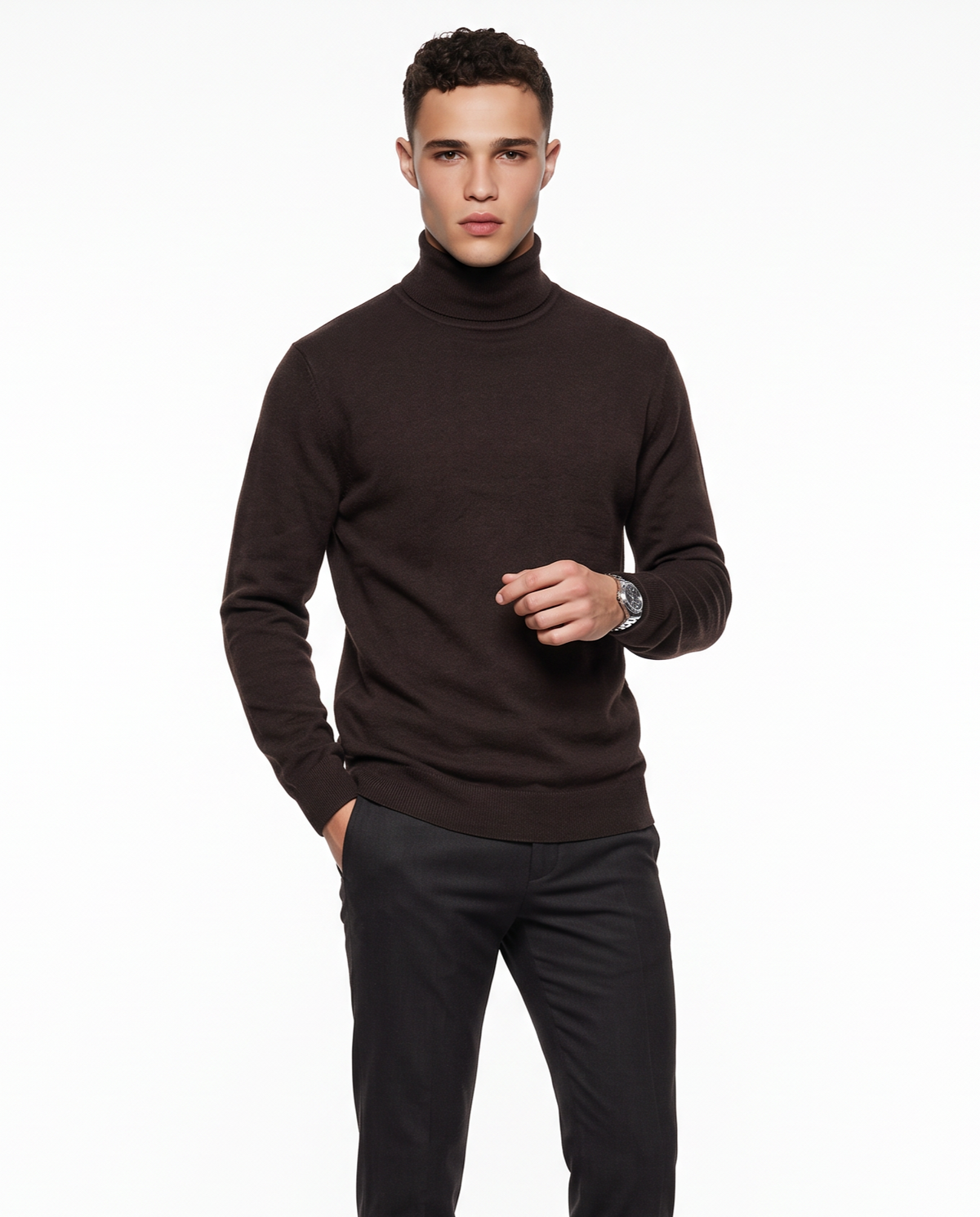 Maglia Collo Alto Misto Viscosa Basic - Moro