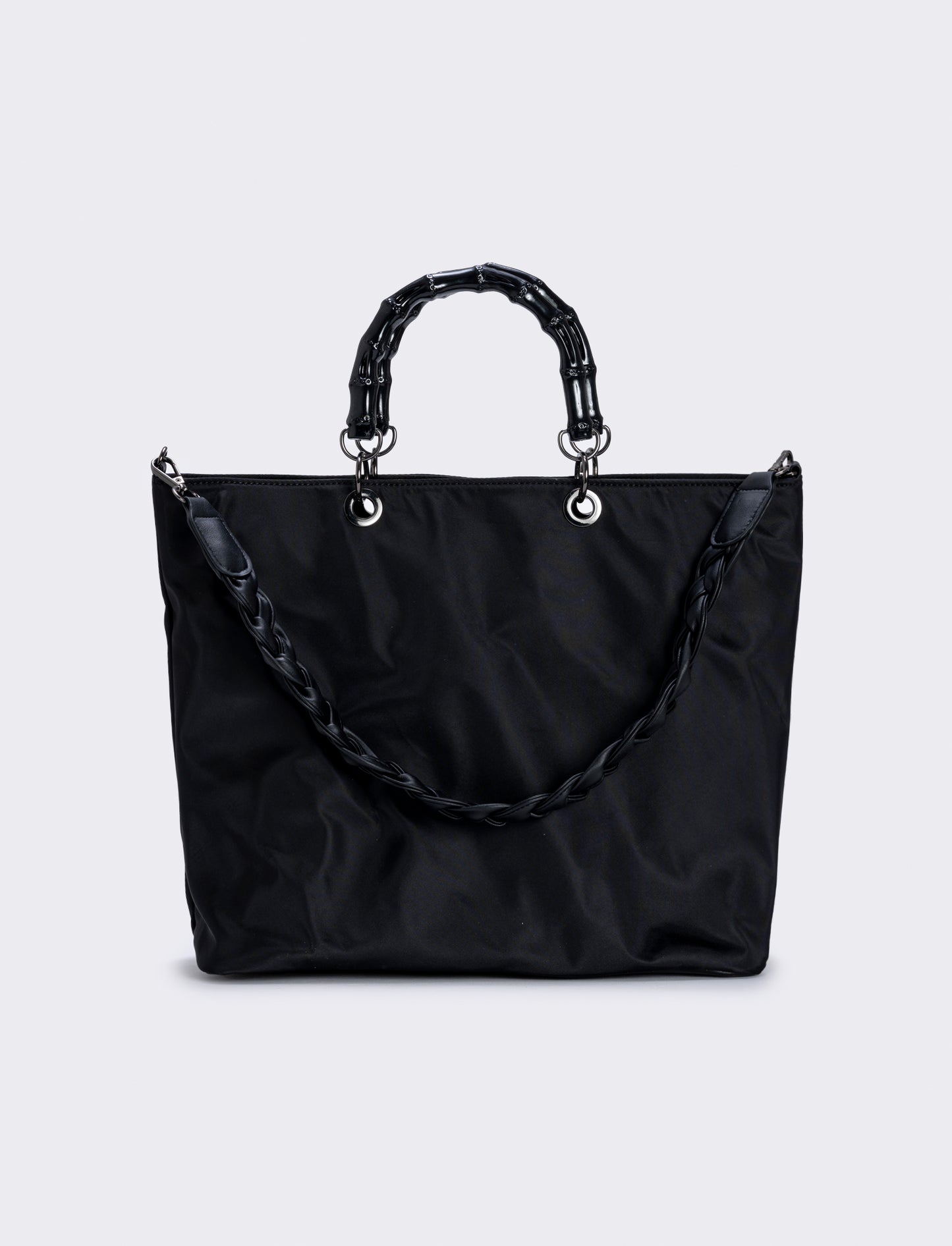 Borsa shopping nylon con manici bamboo - Nero