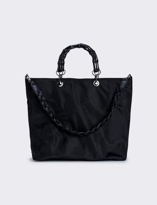 Borsa shopping nylon con manici bamboo - Nero