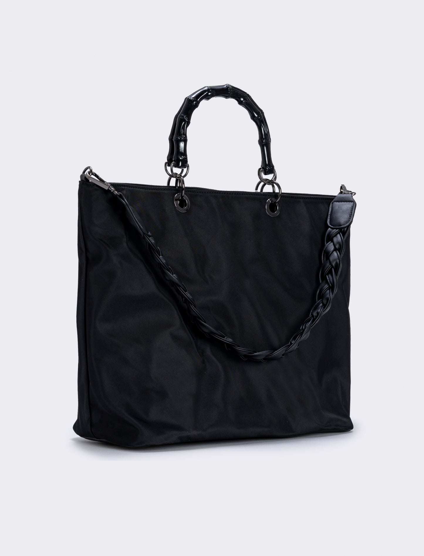Borsa shopping nylon con manici bamboo - Nero