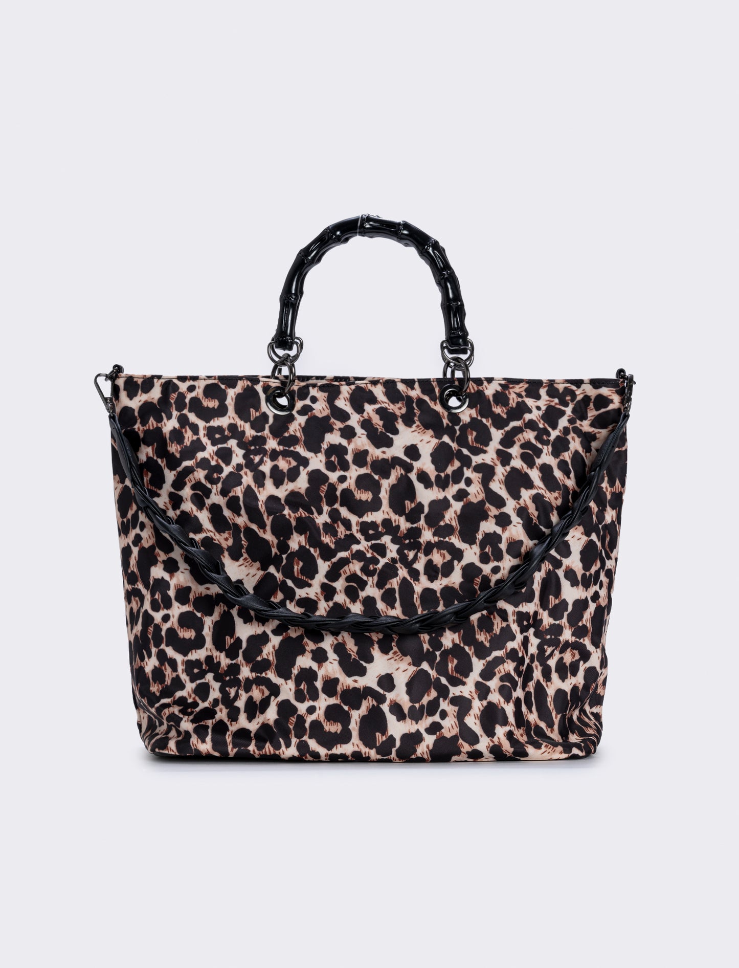 Borsa shopping nylon con manici bamboo - Leopardato
