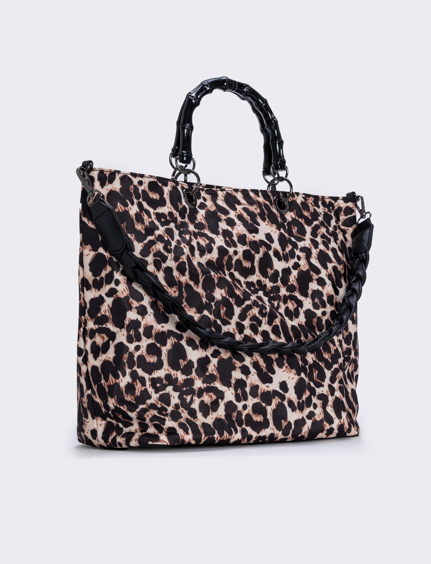 Borsa shopping nylon con manici bamboo - Leopardato