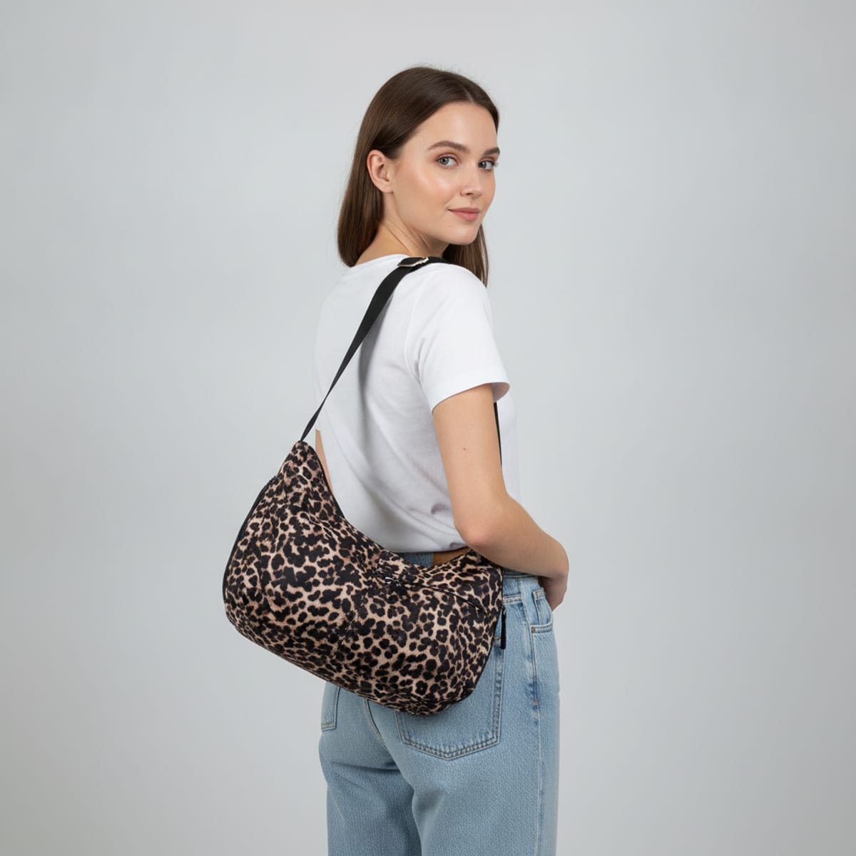 Borsa Mezzaluna Grande in Nylon - Leopardato