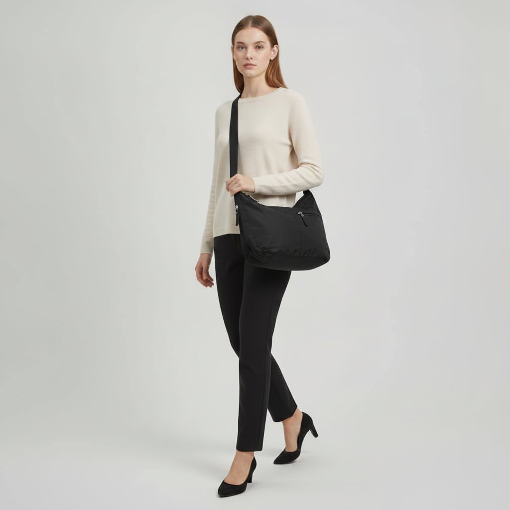 Borsa Mezzaluna Grande in Nylon - Nero