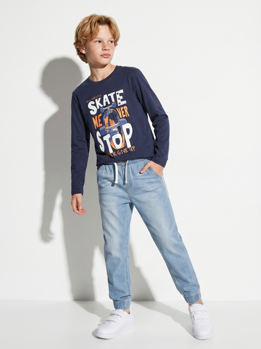 Felpa Basic con Cappuccio e Stampa - Blu
