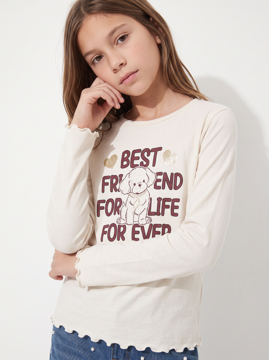 T-shirt manica lunga con orlo ondulato - Bianco latte