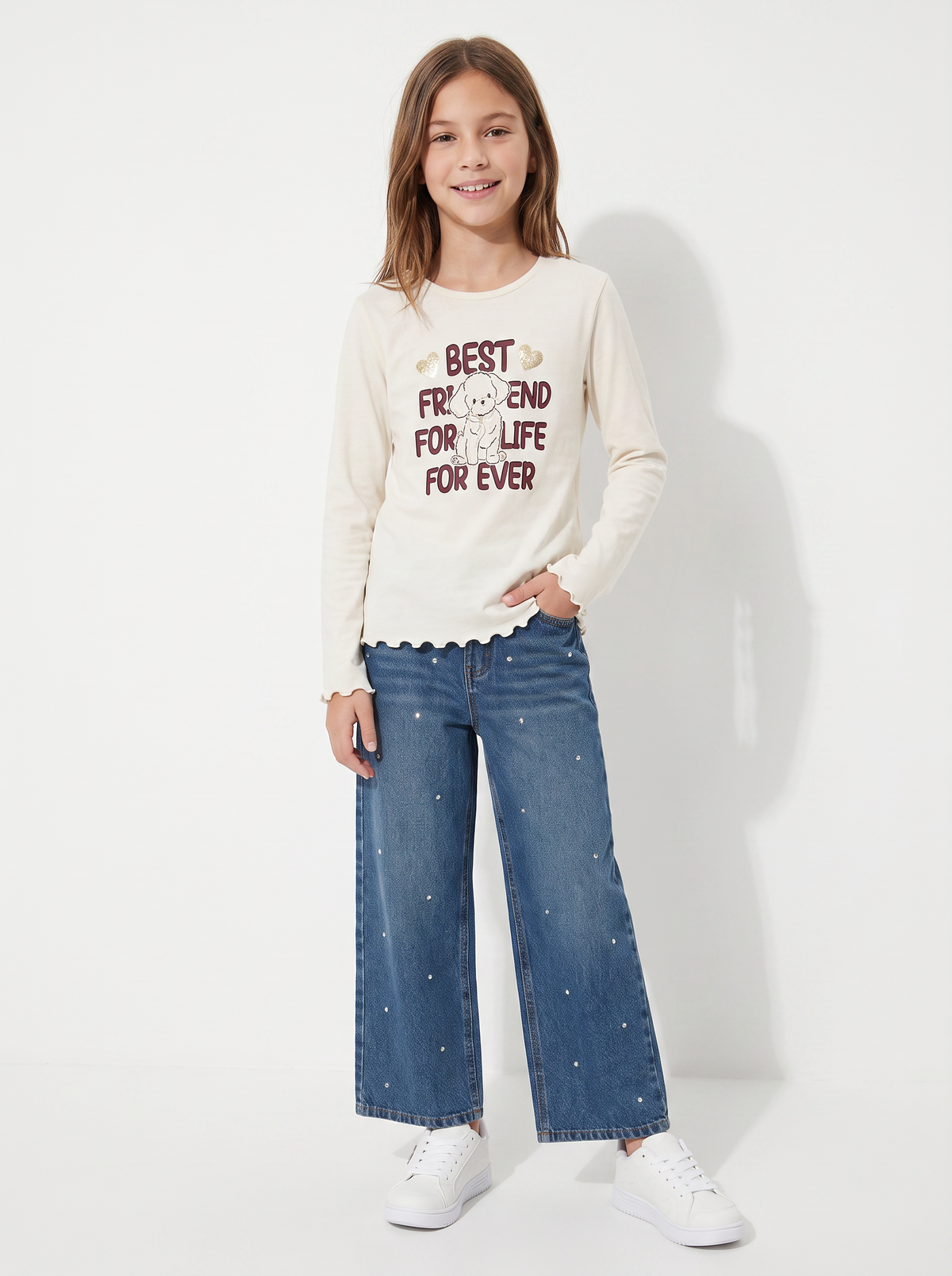 Long sleeve T-shirt with wavy hem - White