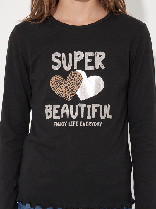 T-shirt manica lunga con orlo ondulato - Nero