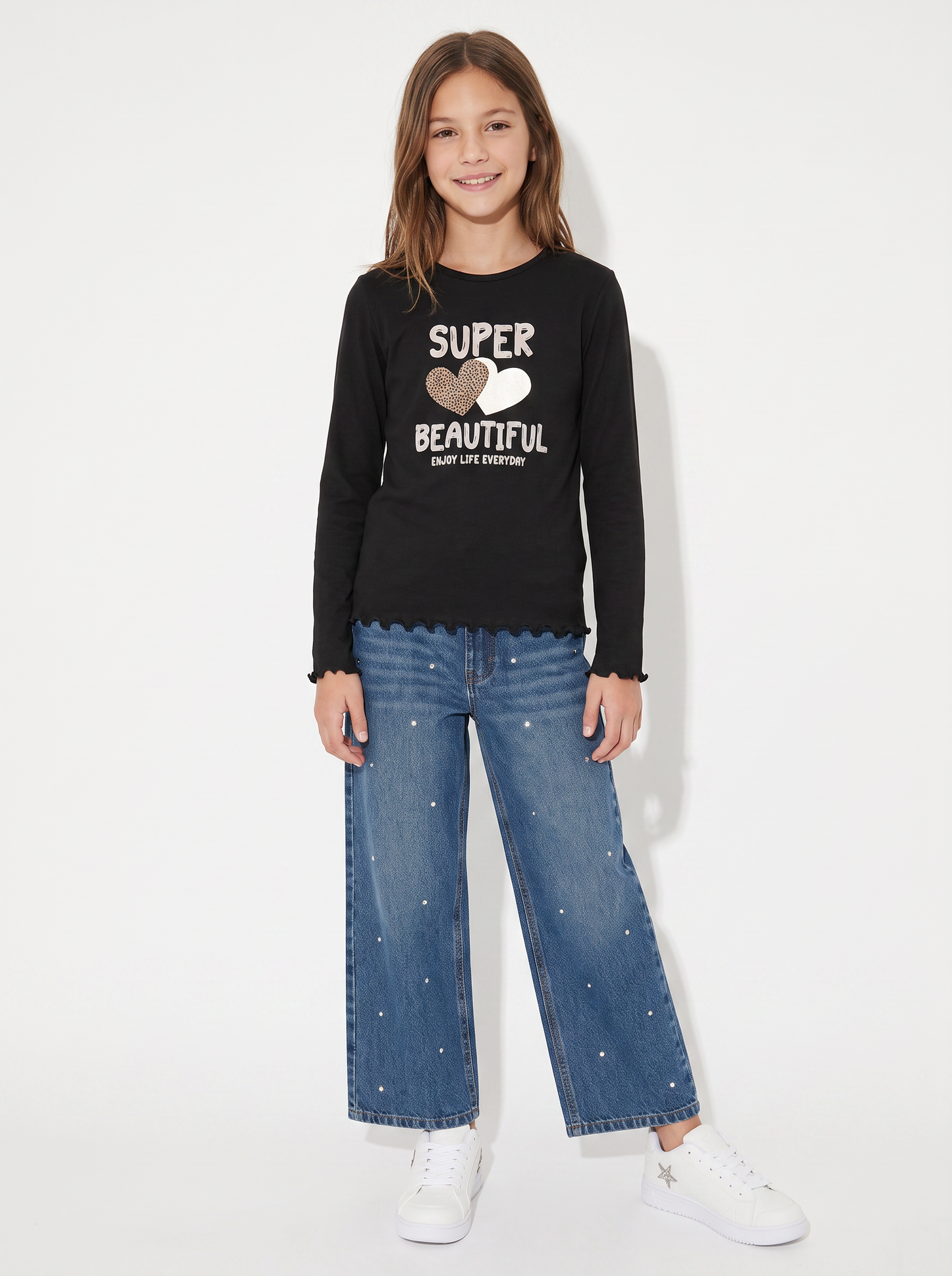 T-shirt manica lunga con orlo ondulato - Nero
