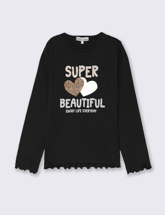 T-shirt manica lunga con orlo ondulato - Nero