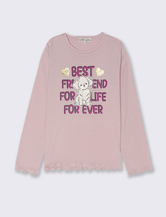 T-shirt manica lunga con orlo ondulato - Rosa polvere