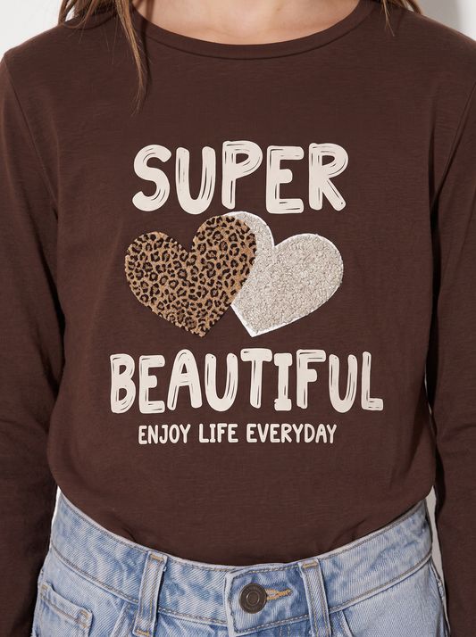 T-shirt manica lunga con orlo ondulato - Marrone cioccolato