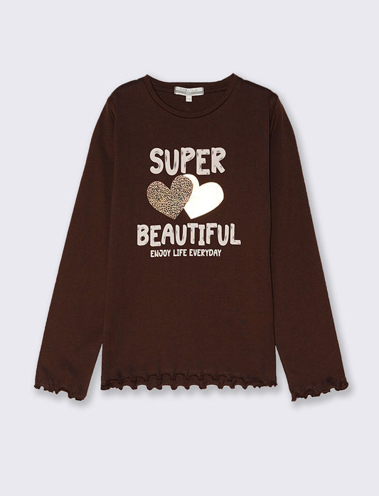 T-shirt manica lunga con orlo ondulato - Marrone cioccolato