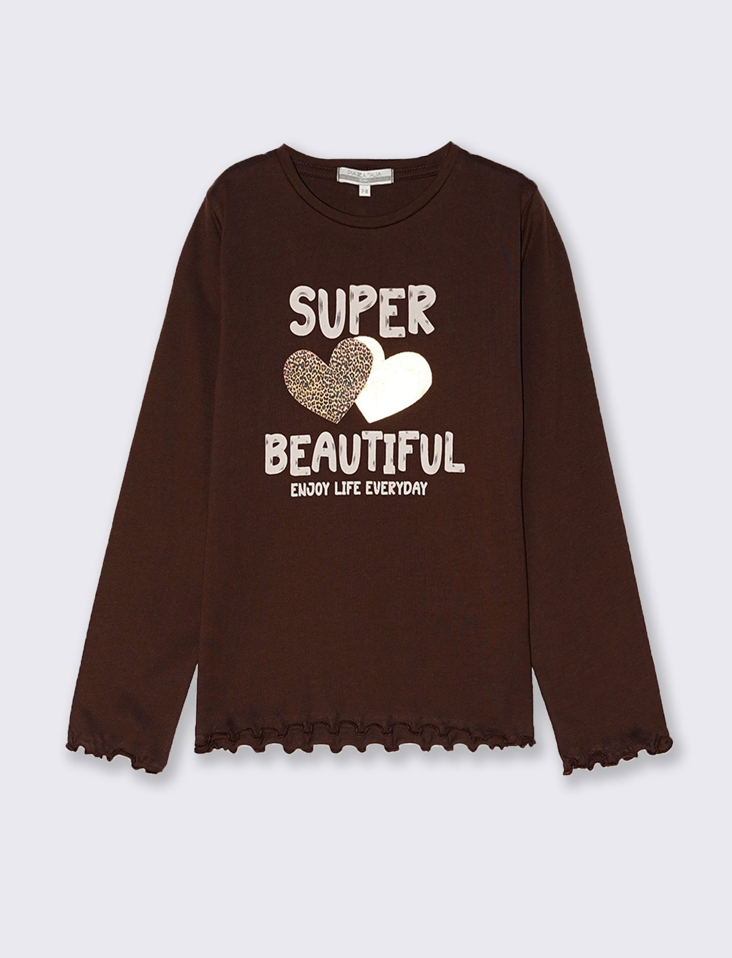 T-shirt manica lunga con orlo ondulato - Marrone cioccolato