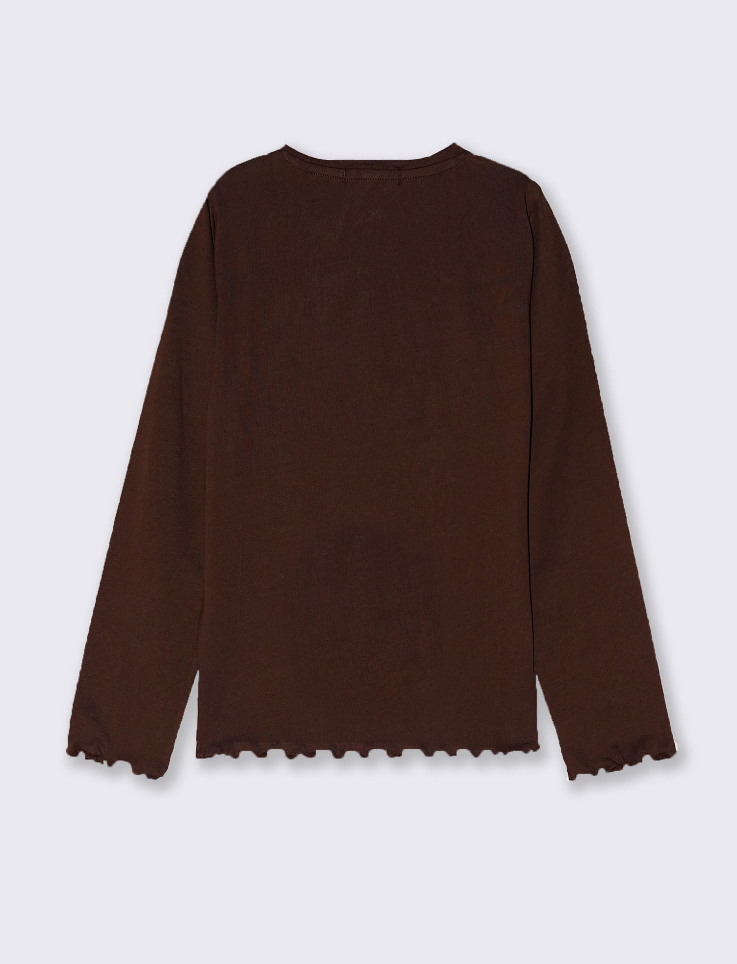 T-shirt manica lunga con orlo ondulato - Marrone cioccolato