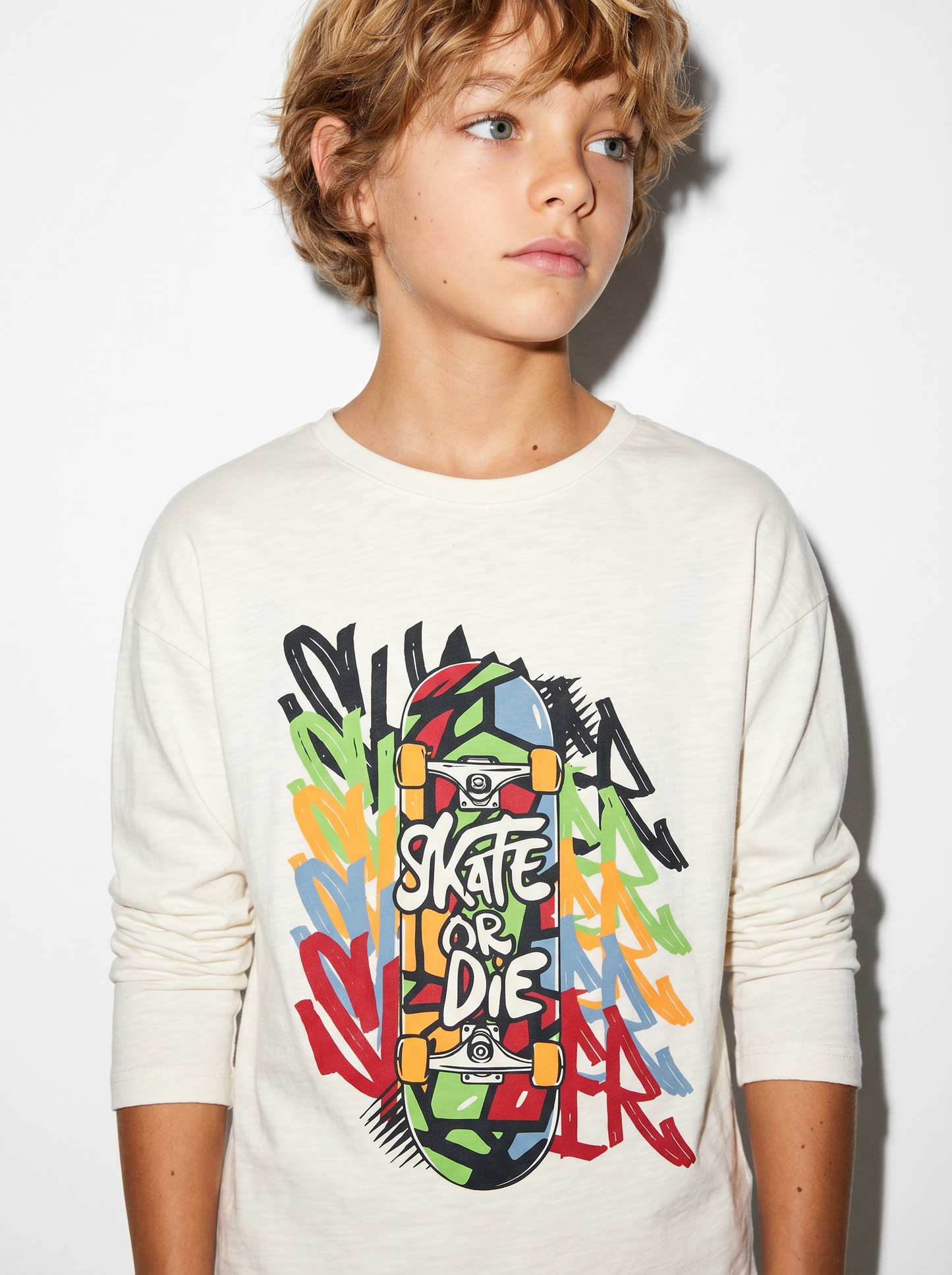T-shirt maniche lunghe in jersey fiammato - Bianco latte