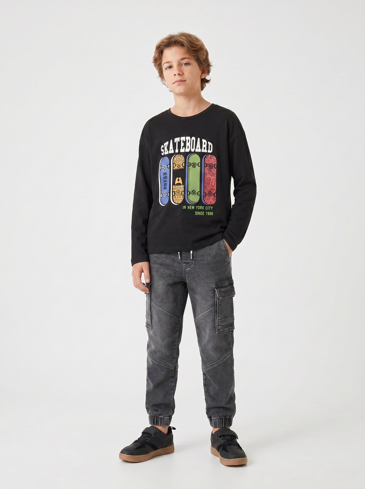 T-shirt maniche lunghe in jersey fiammato - Nero