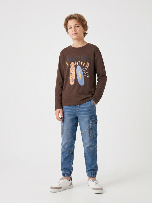 T-shirt maniche lunghe in jersey fiammato - Marrone cioccolato