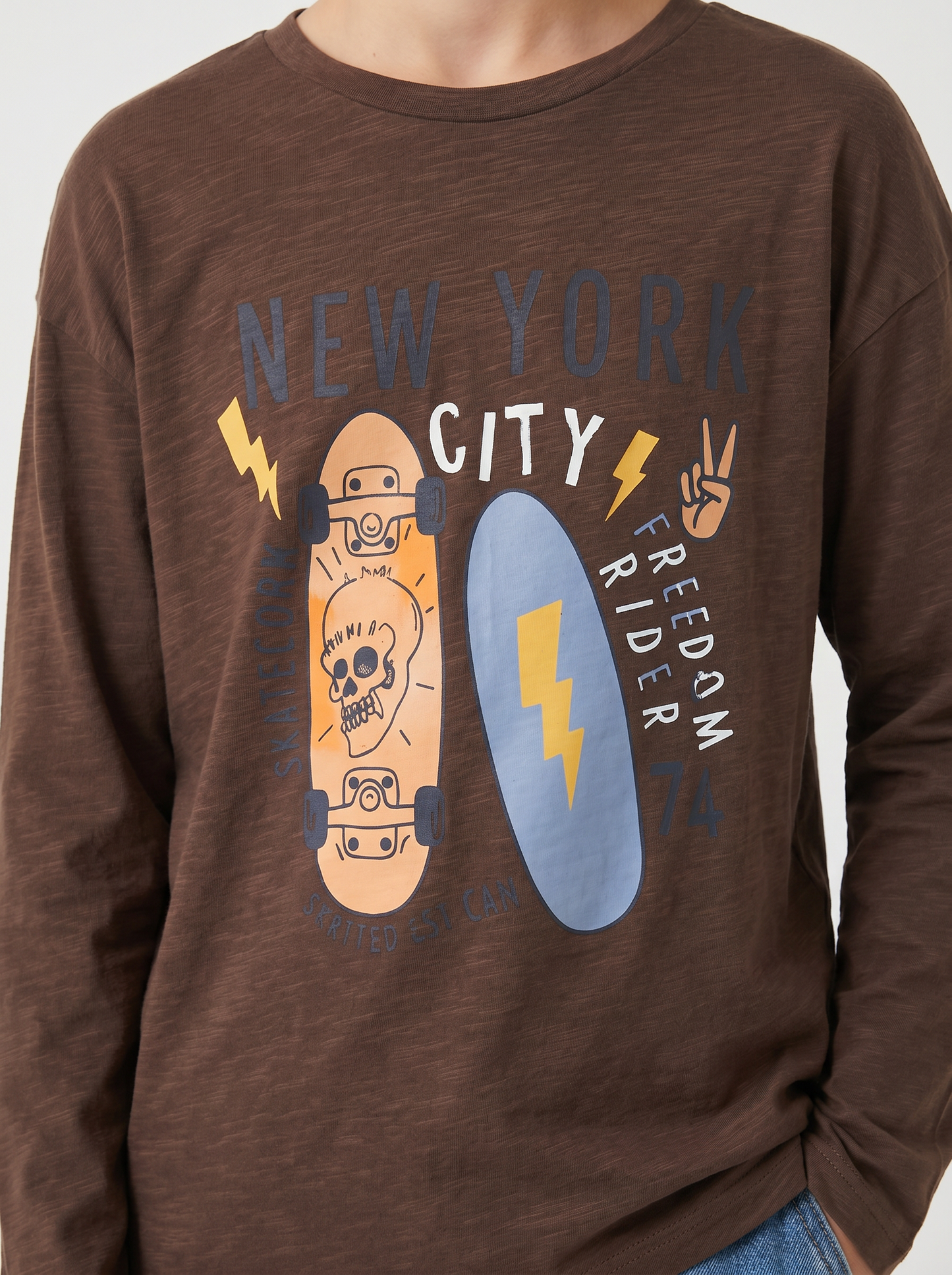 T-shirt maniche lunghe in jersey fiammato - Marrone cioccolato