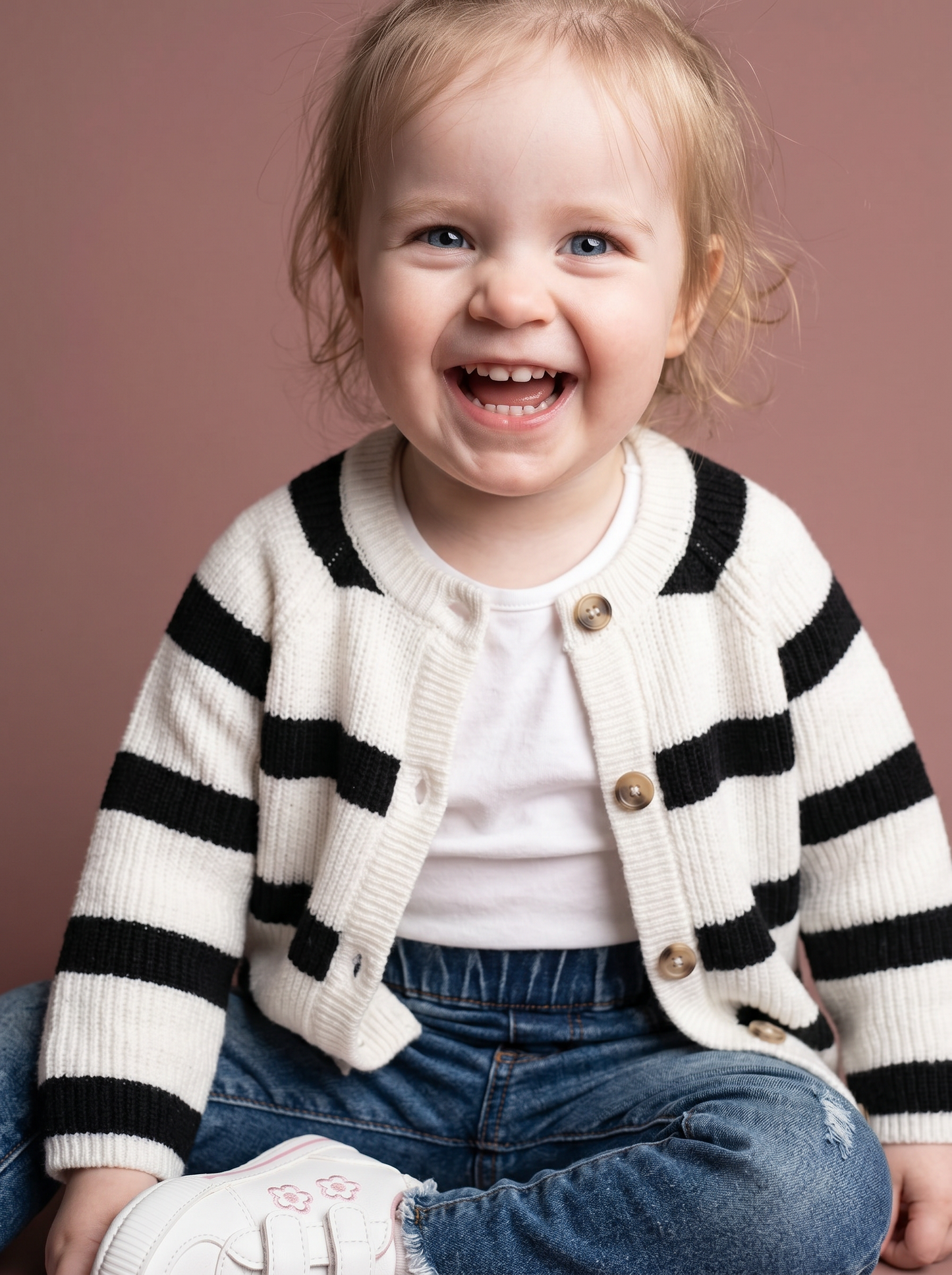 Cardigan girocollo rigato per bambina - Bianco-nero