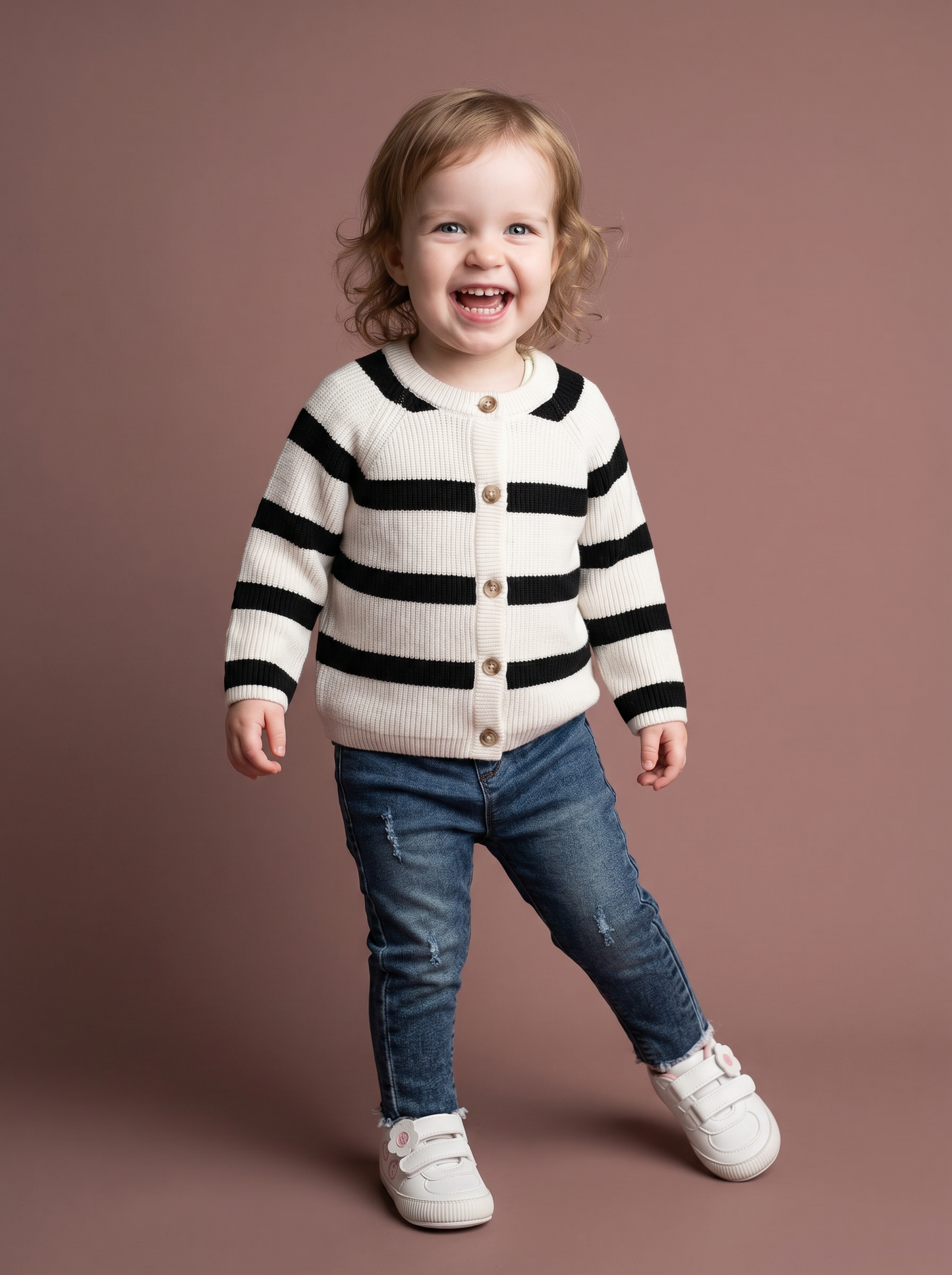 Cardigan girocollo rigato per bambina - Bianco-nero